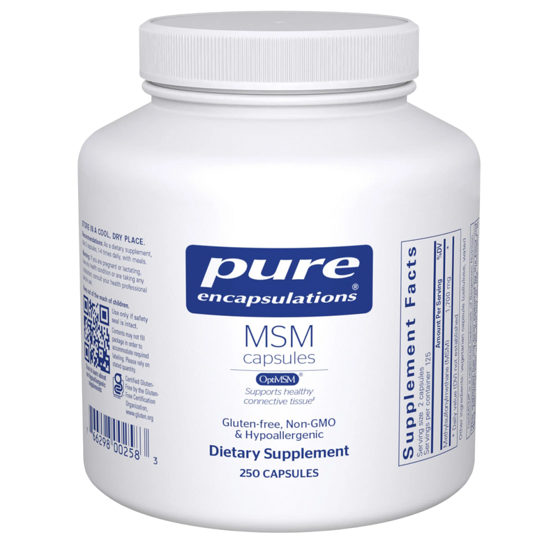 A Supplement container with the name MSM (Methylsulfonylmethane) by Pure Encapsulations.