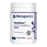 A Supplement container with the name MetaRelax  Raspberry 482g (formerly CalmX) by Metagenics.