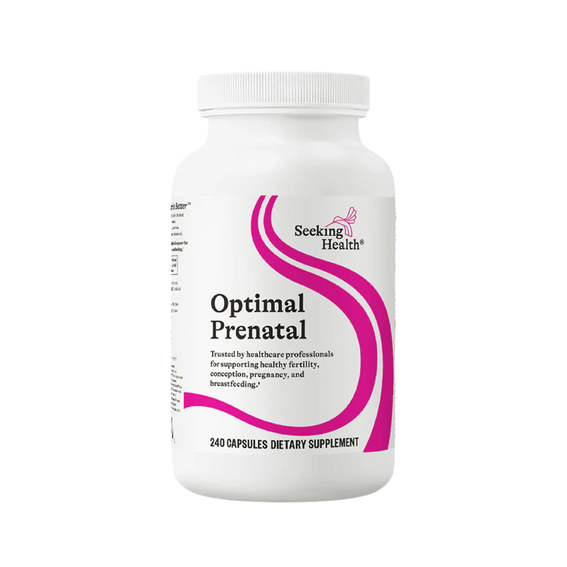 A Supplement container with the name Optimal Prenatal y Seeking Health.