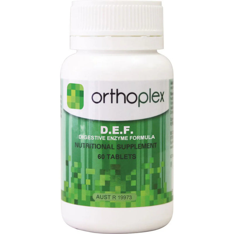 A Supplement Container with the name D.E.F (Digestive Enzyme Formula) 60 Tablets by Orthoplex Green