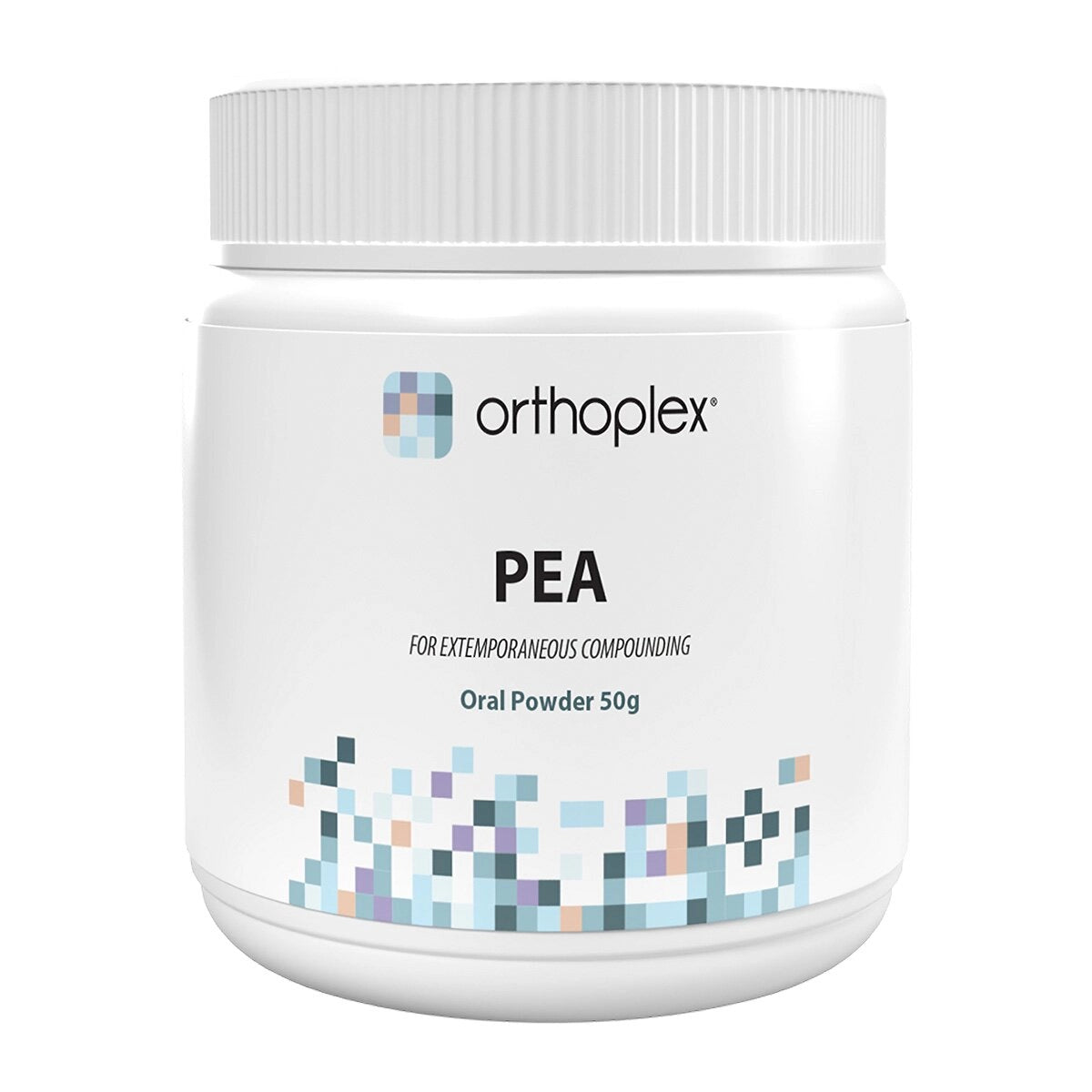 A Supplement container with the name PEA by Orthoplex White.