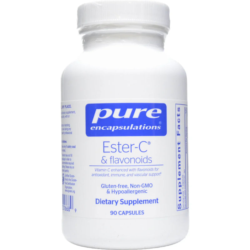 A Supplement container with the name Ester-C & flavonoids by Pure Encapsulations.