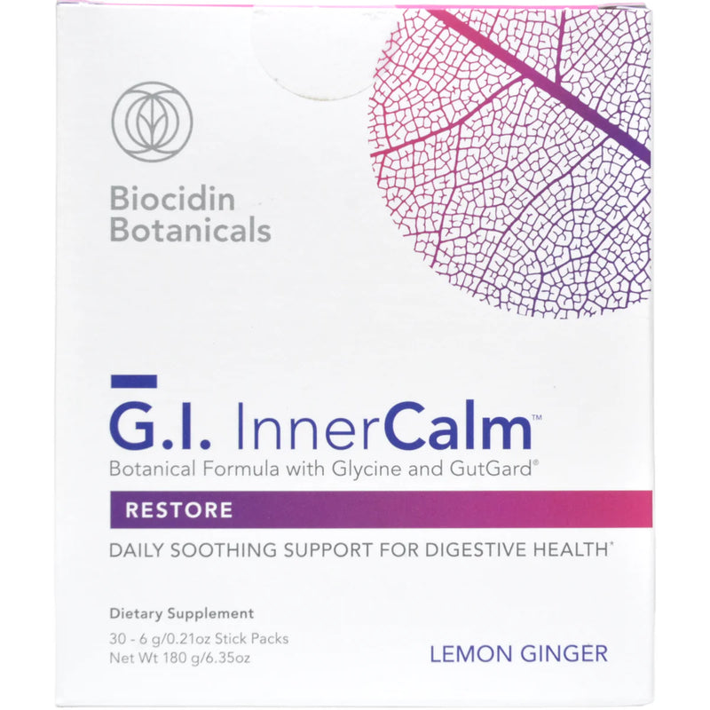 Image of a white box that is a product from Biocidin Botanicals. The box says G.I Inner Calm Botanical formula with Glycine and gutgard, restore daily soothing support for digestive health, lemon ginger 30 sachets.