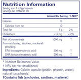 Ingredients: Fish oil concentrate ( from anchovies, sardines, mackerel) providing EPA (eicosapentaenoic acid) DHA (docosahexaenoic acid).