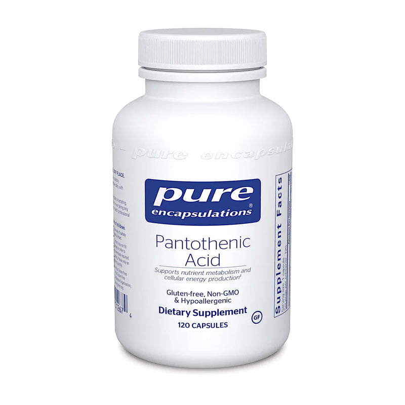 A Supplement container with the name Pantothenic Acid by Pure Encapsulations.