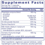 Ingredients: Proprietary enzyme blend: Protease, Lipase, amylase. Ox bile powder, Taurine, Milk thistle, Turmeric.