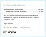 Text describing the ingerdients: Indena Quercetin (phytosome), Equivalent Quercetin Dihydrate, leucine, lecthin (sunflower), microcrystalline cellulose, hyperomellose (capsule), maltodextrin (potato), Colloidal anhydrous silica, vegan friendly
