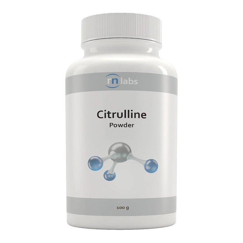 Image of a white supplement bottle that says rn labs citrulline powder 100g