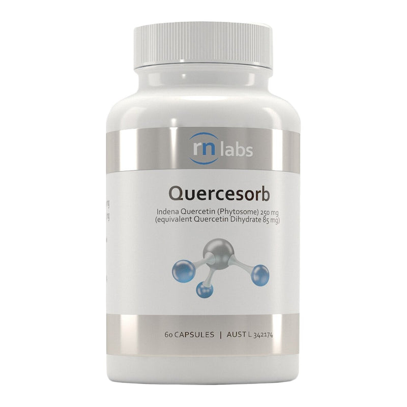 An Image of a white supplement bottle that says RN labs Quercesorb Indena Quercetin (Phytosome) 250mg (equivalent Quercetin Dihydrate 85mg) 60 capsules