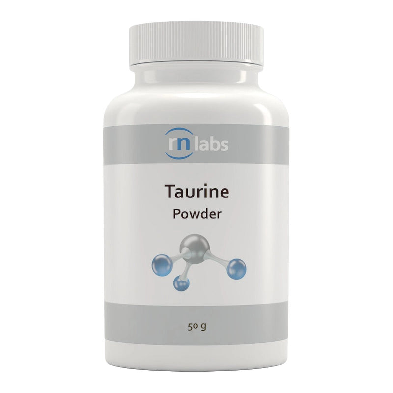 Image of a white supplement bottle that says rn labs taurine powder 50g