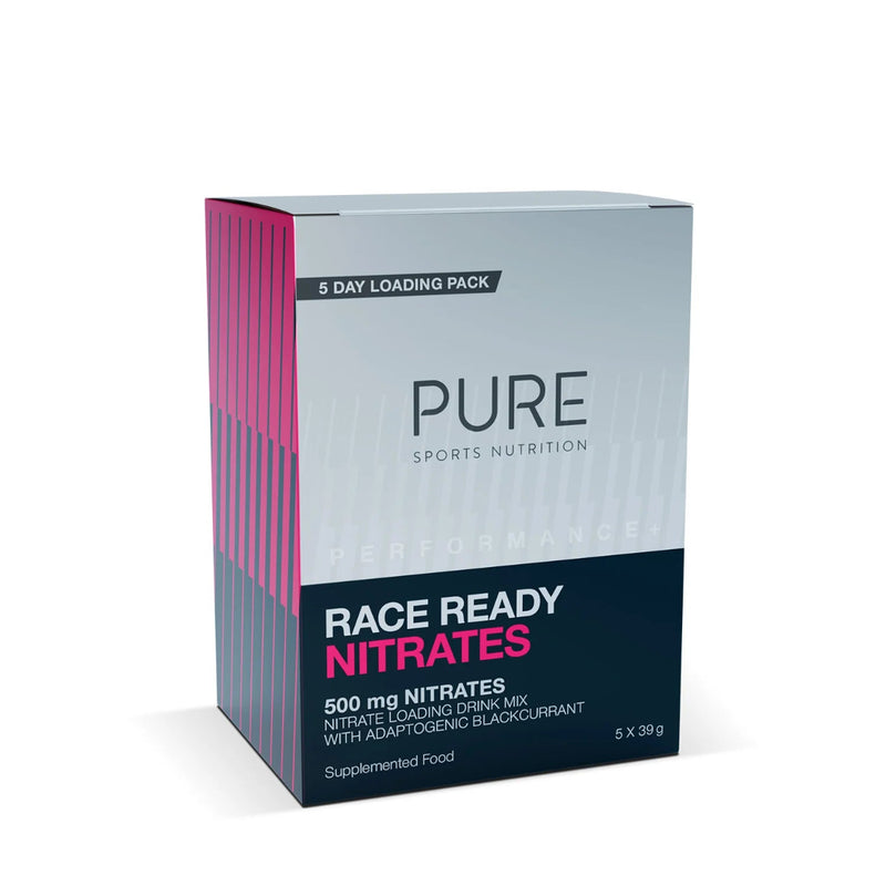 Image of a box packaging that says 5 day loading pack PURE sports nutrition performance race ready nitrates 500mg nitrates nitrate loading drink mix with adaptogenic blackcurrant supplemented food 5x 39g
