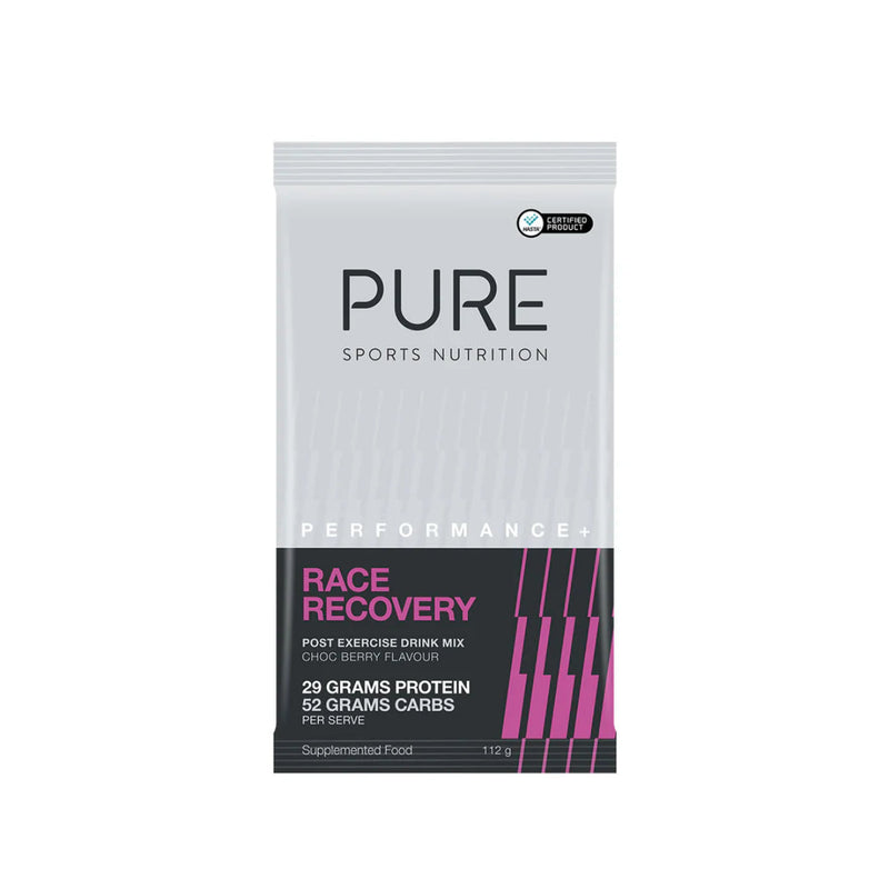 A Box of 10 single sachets  with the name Performance + Race recovery by Pure Sports Nutrition.