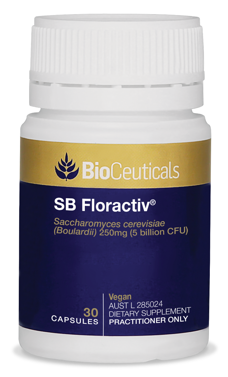 BioCeuticals blue and gold product image of SB Floractive 30 capsules.