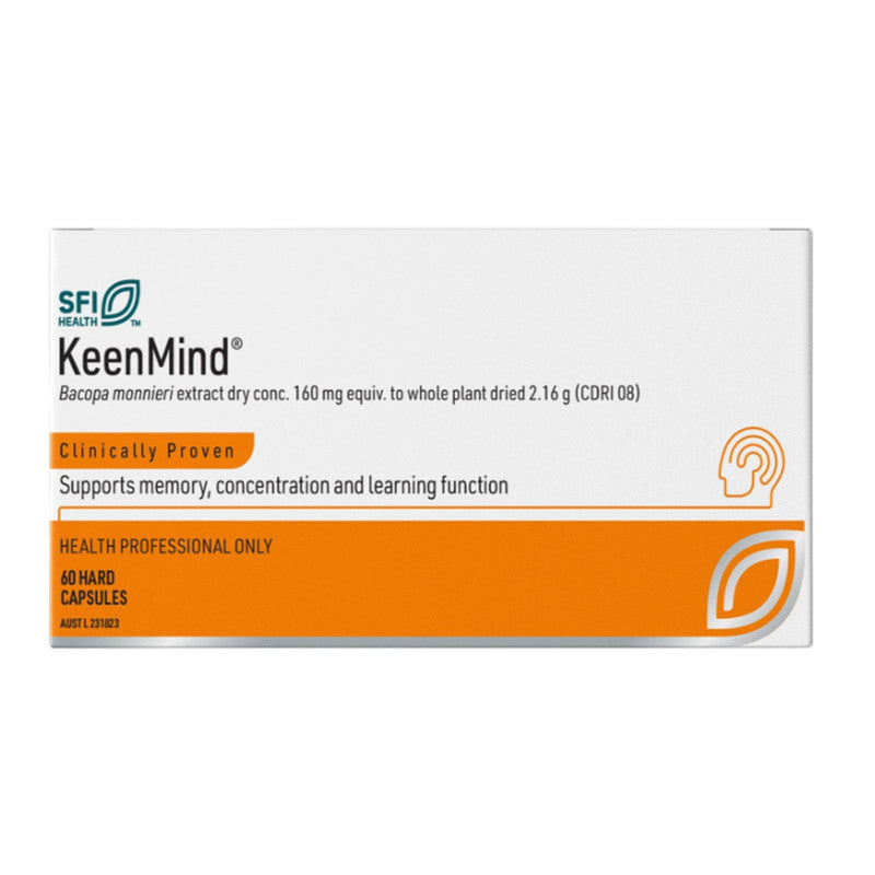 Image of a white supplement box which says SFI Keen mind bacopa monnieri extract dry conc. 160 mg equiv. to whole plant dried 2.16g (CDRI 08) Clinically proven supports memory, concentration and learning function. Health prodfessional only 
60 hard capsules