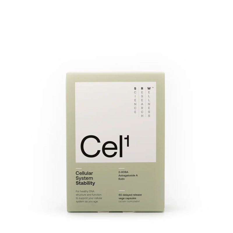 image of a green box thats says cel 1 srw cellular system stability 2-HOBA Astragaloside A rutin for healthy DNA structure and function to support your cellular system as you age