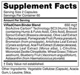 Image of ViRad Chem Binder table of content: Bioactive Carbon, Broccoli Sprouts extract, olive leaf extract, pomegranate fruit, bromeleain, artichoke leaf extract, acai fruit extract, mulberry leaf extract, l-citrulline, micronised zeolite cliniptilolite, wheat grass, blueberry fruit, astaxanthin.