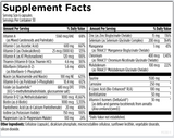 Ingredient list:
Vitamin A, Vitamin C, Vitamin D, Vitamin K, Thiamin, Riboflavin, Niacin, Vitamin B-6, Folate, Vitamin B-12, Biotin, pantothenic acid, iodine, magnesium, zinc, selenium, maganese, chromium, molybdenum, taurin, carnosine, R-Lipoic Acid, Benfotiamine, Vitamin E Isomers, Cellulose (capsule), Dicalcium phosphate, microrystalline, cellulose, sunflower lecithin, vegetable, stearate, silicon dioxide