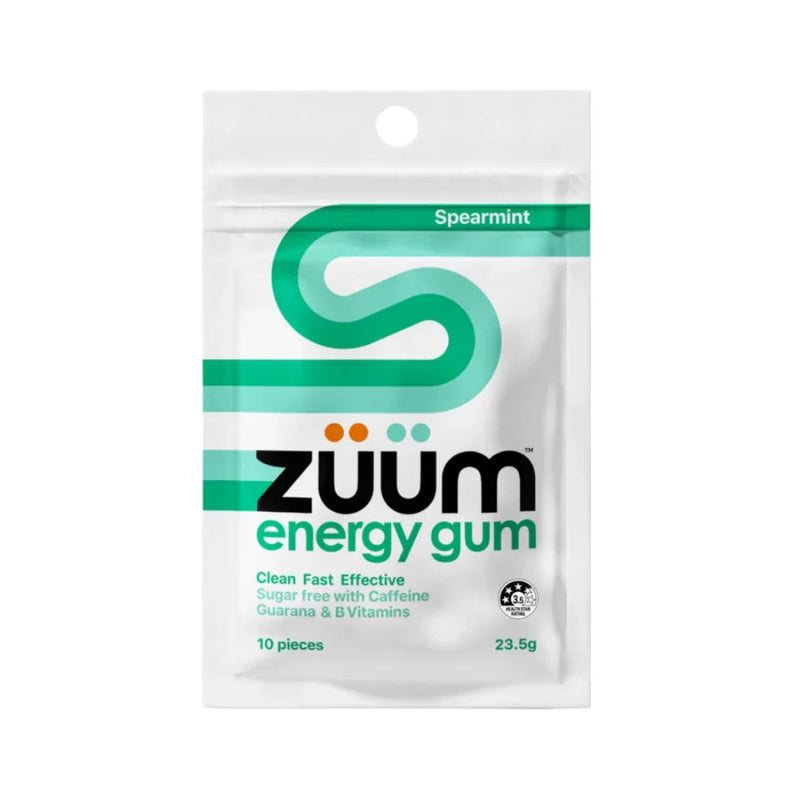 Image of a white supplement pcket that says Spearmint Zumm Energy Gum Clean fast effective sugar free with caffeine guarana and B vitamins 10 pieces 23.5g