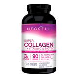 Image of a black supplement bottle that says Neocell super collagen +Vitamin C and Biotin collagen type 1 & 3 Vitamin C biotin 3g collagen per serving 90 servings per container for healthy skin, hair, nails and joint support. 270 tablets dietary supplement keto certified grass fed and gluten free