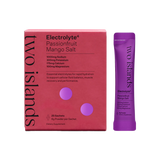 A Supplement container with the name Electrolyte Passionfruit mango Salt by Two Island.