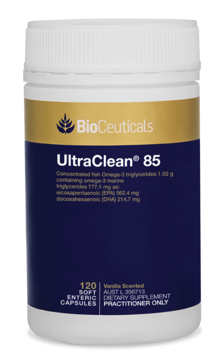 BioCeuticals UltraClean 85 Omega 3 Fish oil product bottle image of 120 capsules. Blue and gold bottle image.