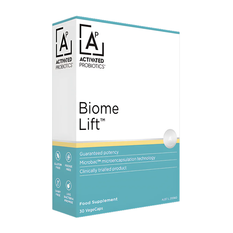 A box of probiotics call Biome Lift. Green and white box.