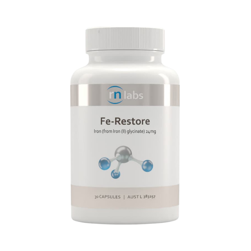 An image of a white supplement bottle that says rn labs fe-restore iron (from Iron (II) glycinate)24mg 30 capsules