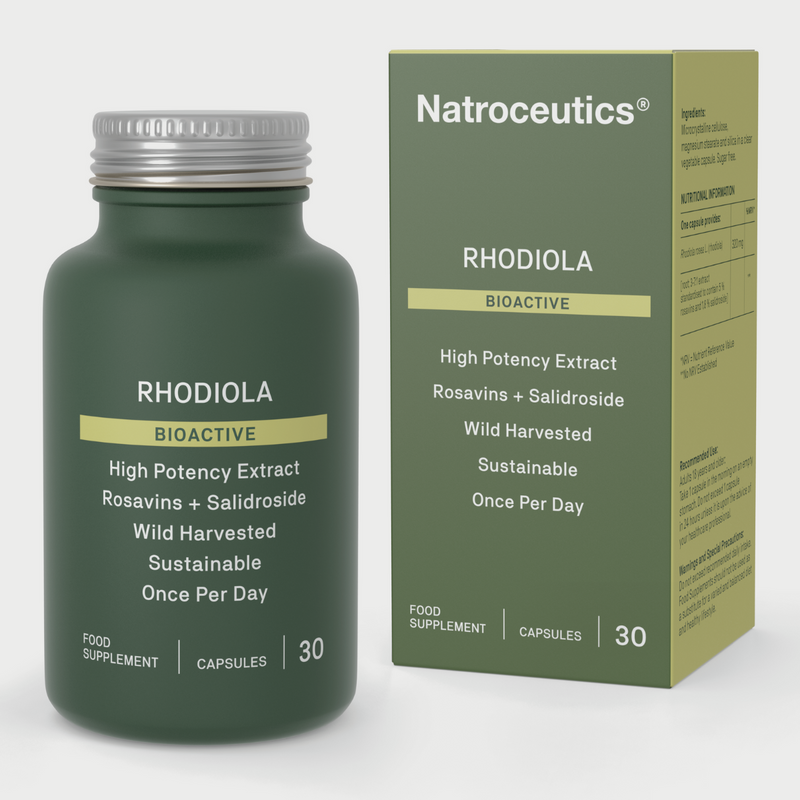 Image of a green bottle that says Rhodiola bioactive high potency extract rosavins + salideoside wld harvested sustainable once per day 30 caps
