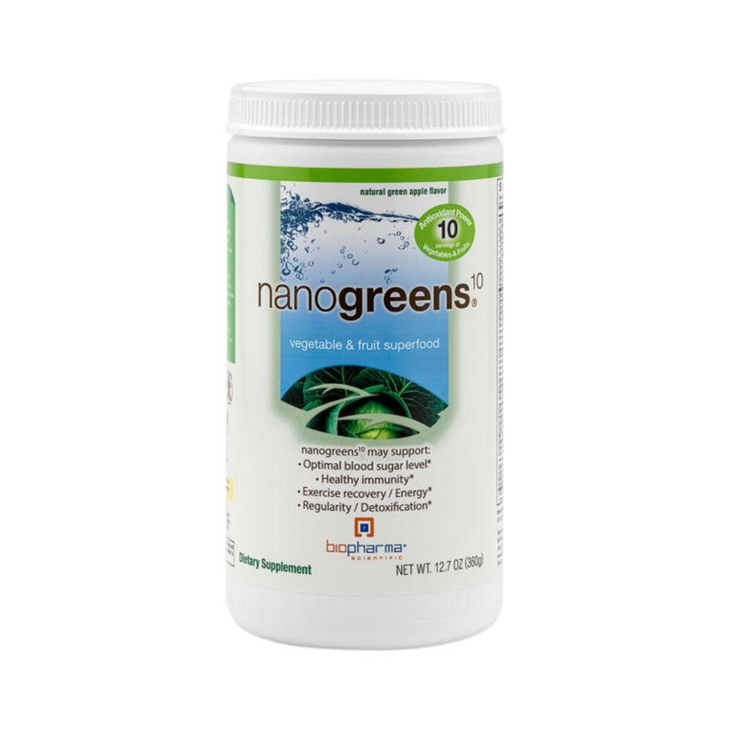 A supplement bottle with the name Nanogreens Biopharma 360g