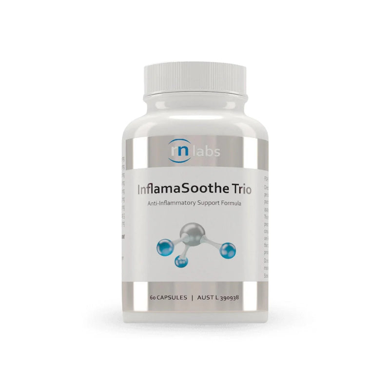 Image of a white supplement bottle that says rn labs inflamasoothe trio anti-inflammatory support formula 60 capsules
