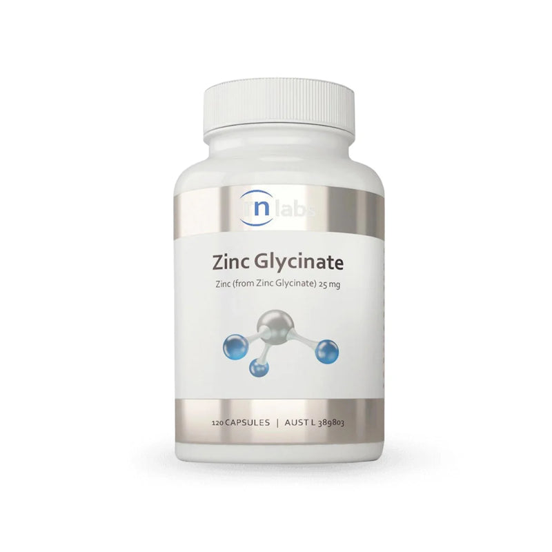 Image of a white supplement bottle that says rn lab zinc glycinate zinc(from zinc Glycinate)25mg 120 capsules