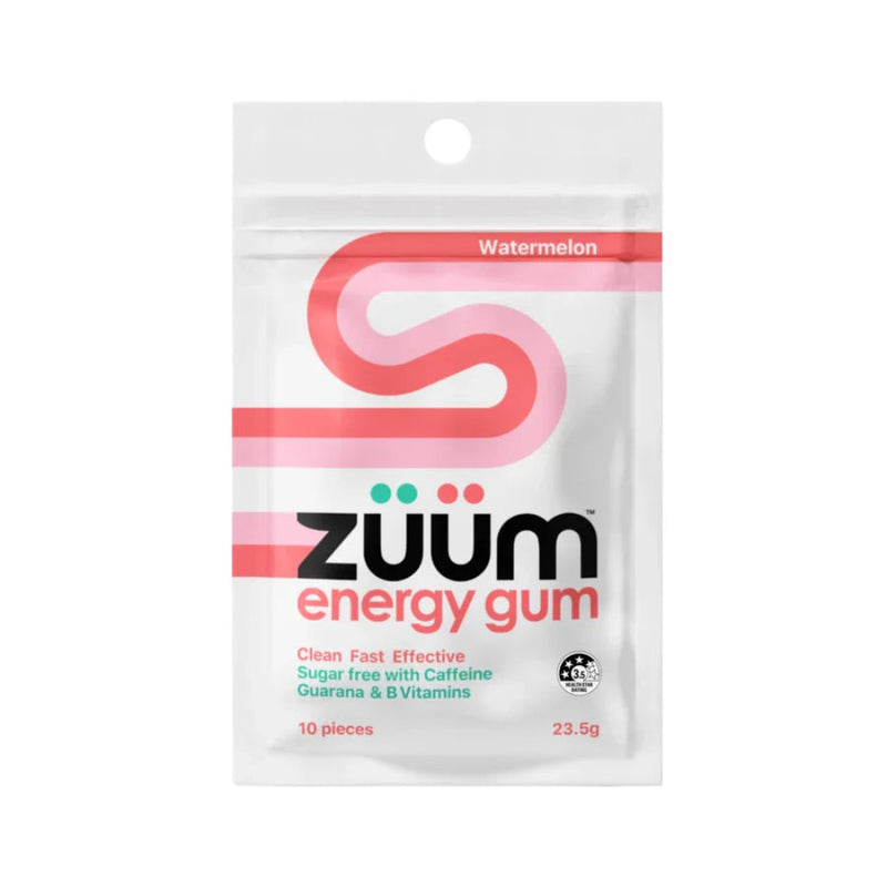 Image of a white supplement packet that says watermelon Zumm Gum energy gum clean fast effective sugar free with caffeine Guarana and B vitamins 10 pieces 23.5g