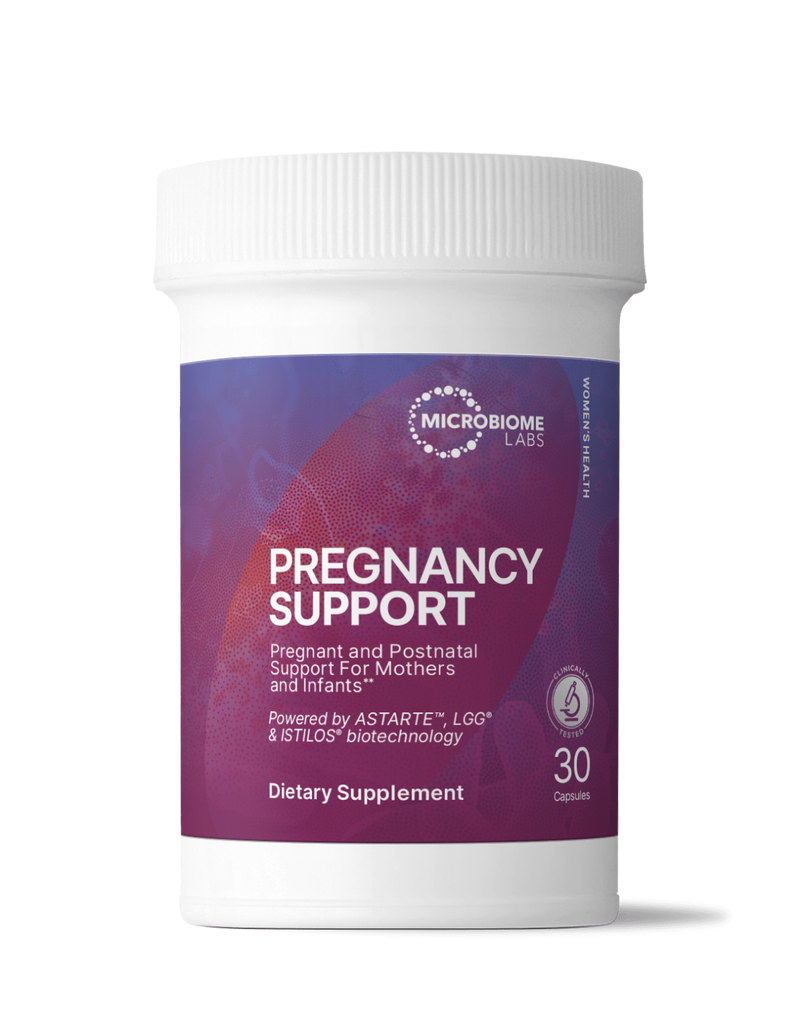 Image of a Purple container that says pregnancy support, pregnant and postnatal support for mothers and infants. Powered by ASTARTE, LGG & ISTILOS biotechnology dietary supplement 30 Capsules.