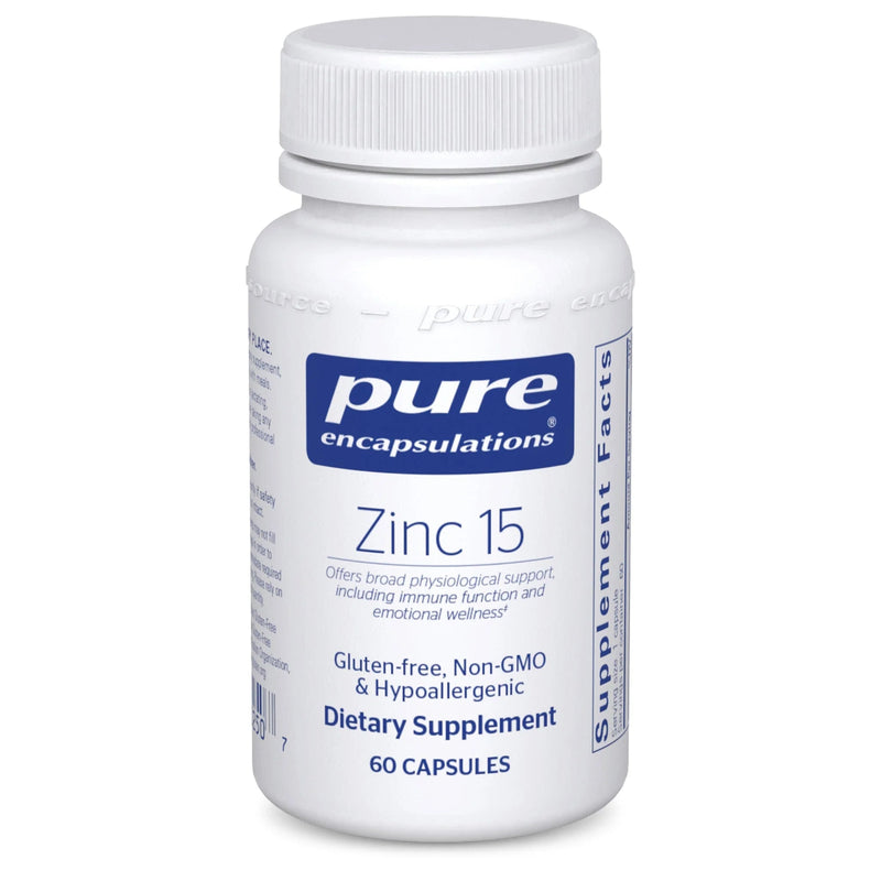A Supplement container with the name Zinc 15 (60 Caps) by Pure Encapsulations.