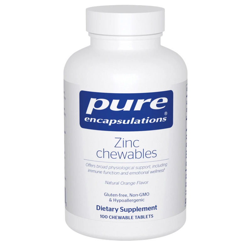 A Supplement container with the name Zinc Chewable Natural Orange flavour by Pure Encapsulations.