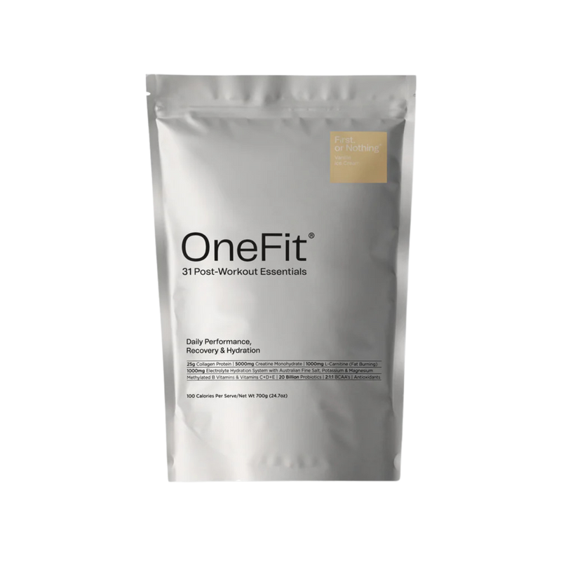 A Supplement pouch with the name OneFit Recovery (Vanilla IceCream) by First or Nothing.