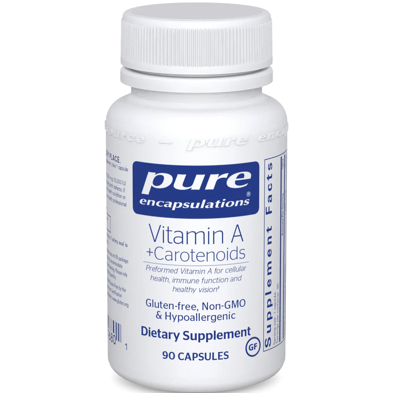 A Supplement container with the name Vitamin A + Carotenoids by Pure encapsulations.