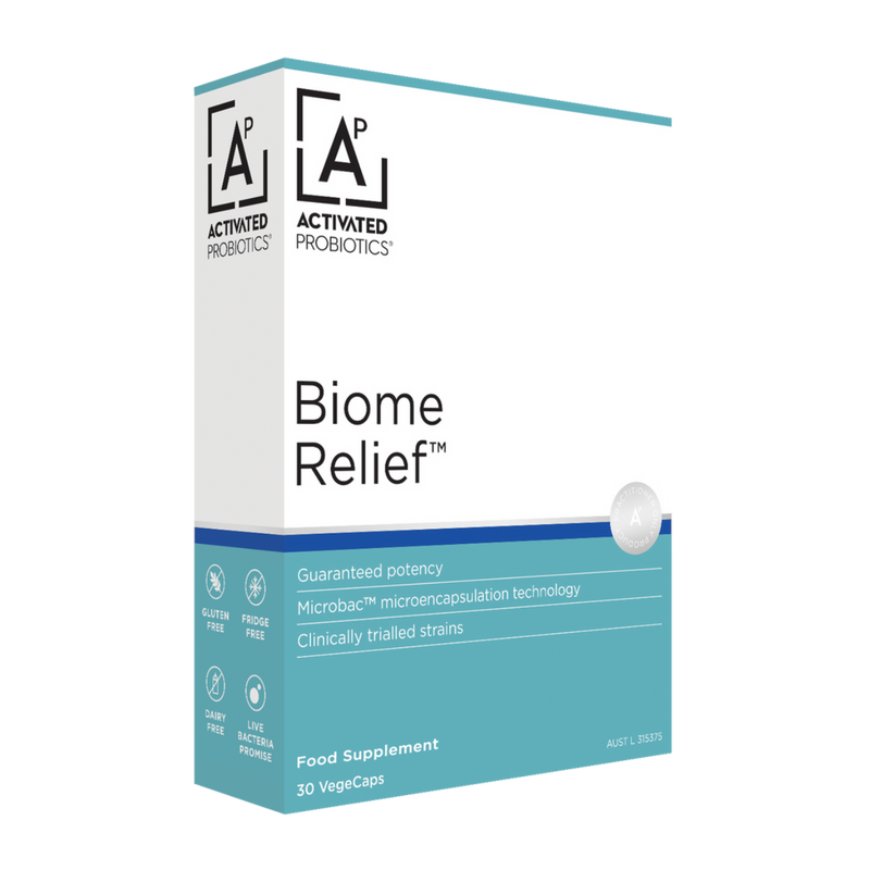 The front of box of Activated Probiotics probiotics called Biome Relief, blue and white.