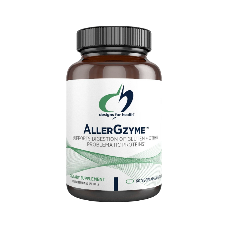 A Supplement container with the name AllerGzyme by Designs for Health.