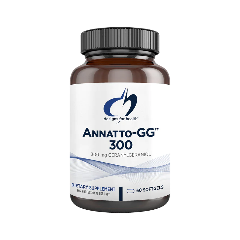 A supplement bottle showing the label of Annatto- GG 300 Geranylgeraniol by Designs for Health, 60 foftgels capsules for professional use only