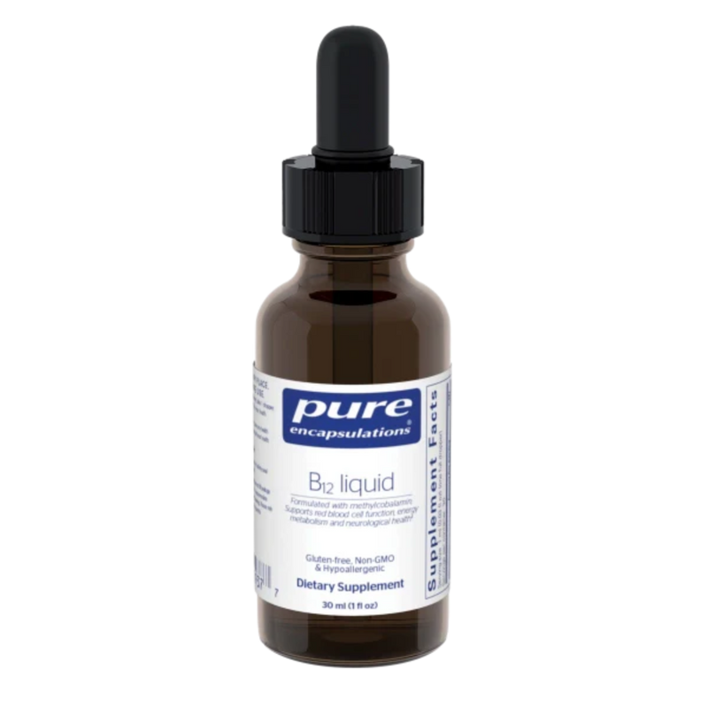 A Supplement container with the name B12 Liquid by Pure Encapsulations.