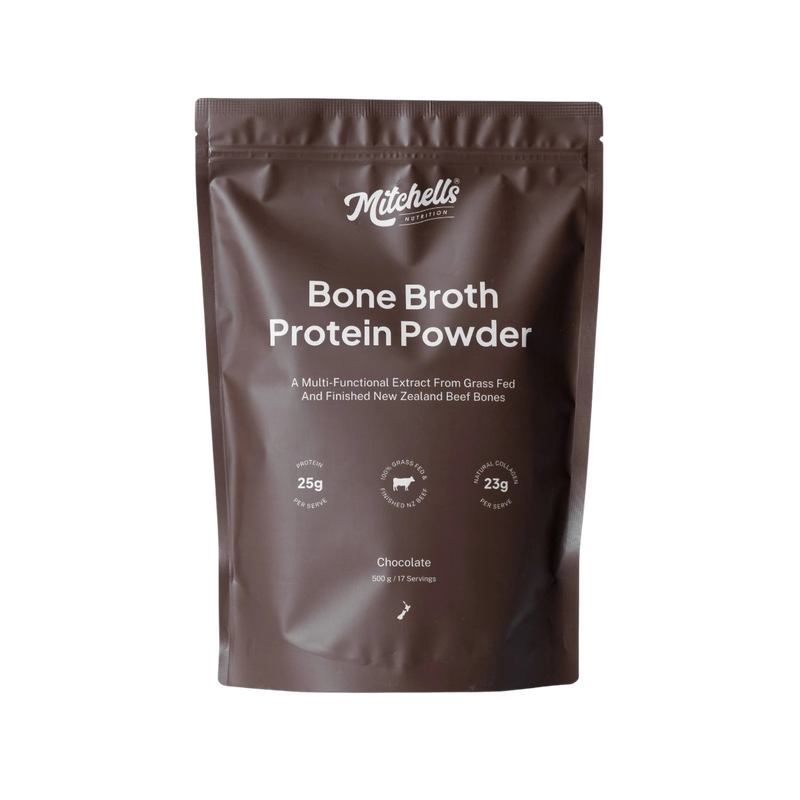 A Supplement pouch with the name Bone Broth Protein Powder (Chocolate) by Mitchell's Nutrition.