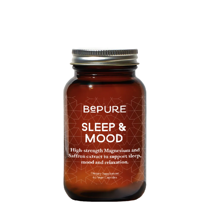 Image of a brown bottle that says bepure sleep and mood high strength magnesium and saffron extract to support sleep, mood and relaxation. Vege capsules