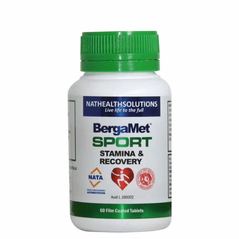 Image of a white supplement bottle that says nathealthsolutions live life to the full bergamet sport stamina and recovery 60 film coasted tablets