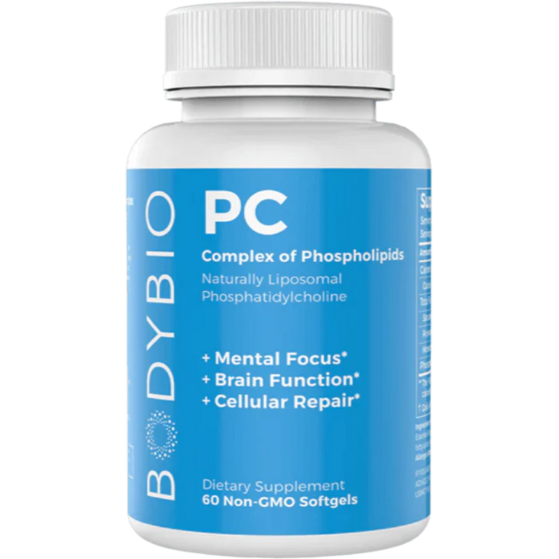 A Supplement container with the name PC - Phosphatidyl Choline (60 Softgels) by Bodybio.