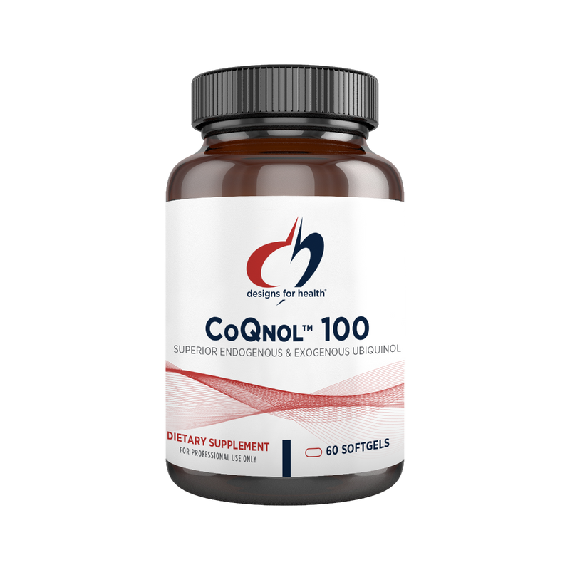 A Supplement container with the name CoQnol 100 by Designs for Health.