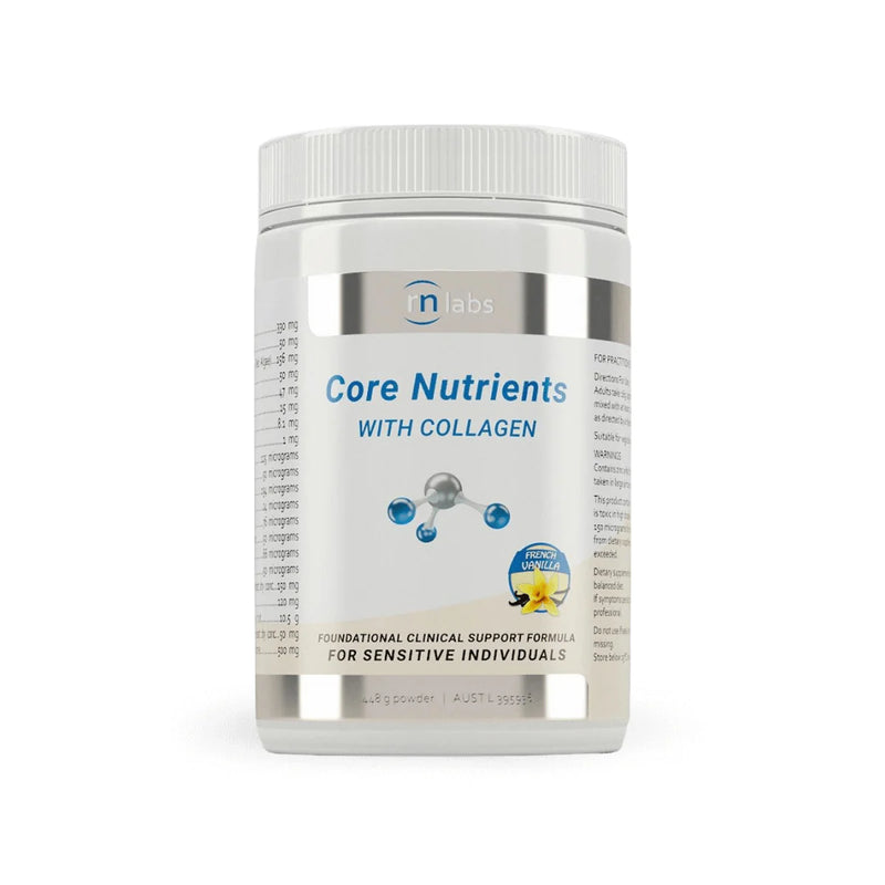Image of a white supplement bottle that says rn labs core nutrients with collagen foundational clinical support formula for snesitive individuals 448g powder