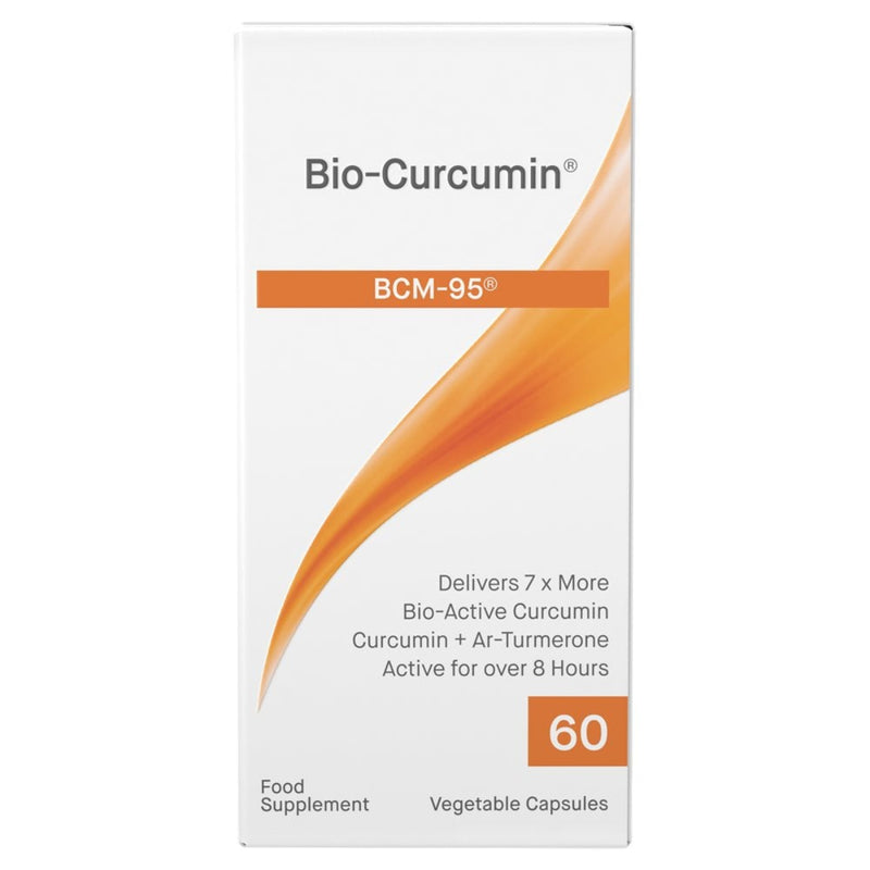 A whit ebox that says bio curcumin BCM-95 Delivers 7x more Bio active curcumin curcumin + Ar- Turmerone Active for over 8 hours 60 vegetable capsules food supplement
