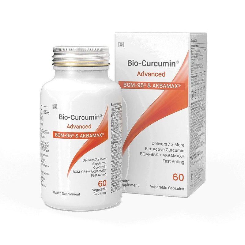 image of a white box that says bio-curcumin advanced BCM-95 and AKBAMAX delivers 7xmore bio-active curcumin BCM-95 + AKBAMAX Fast acting health supplement 60 vegetable 
 capsules