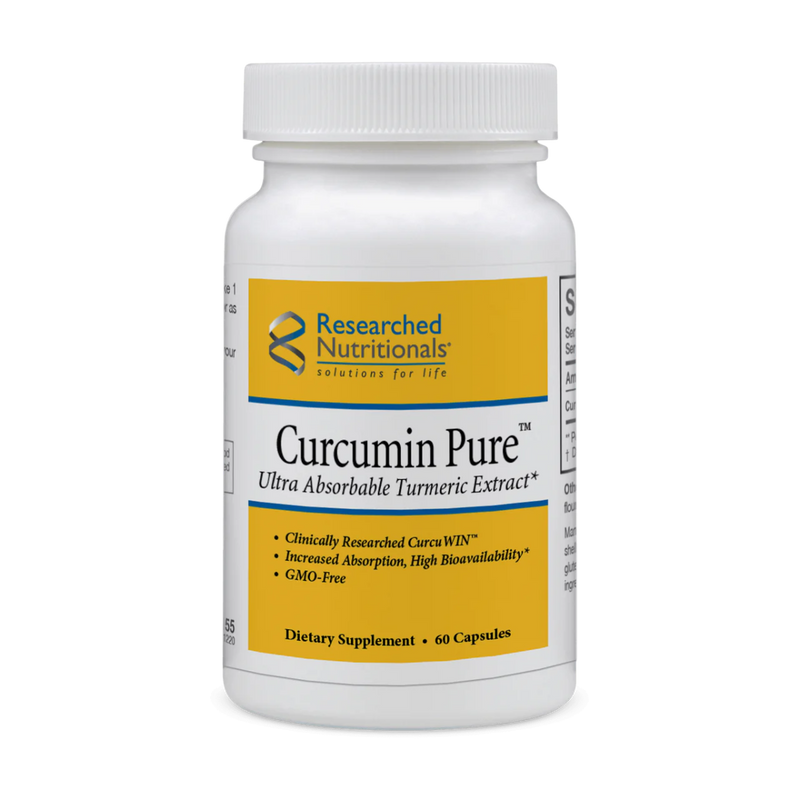 A Supplement container with the name Curcumin Pure by Researched Nutritionals.